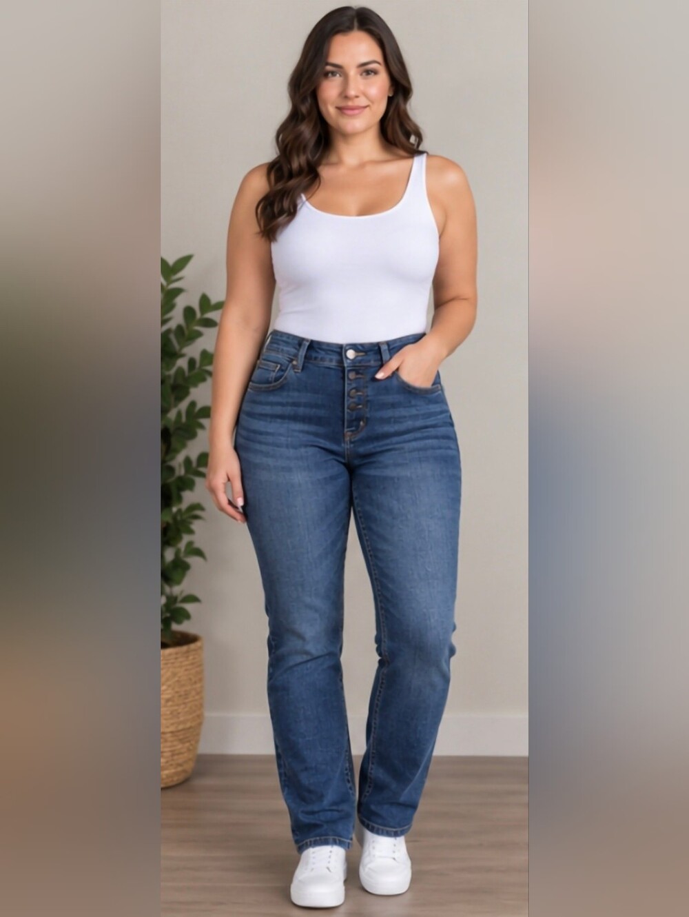 High Rise Button-Fly Medium Wash Denim Jeans - Size 14/15